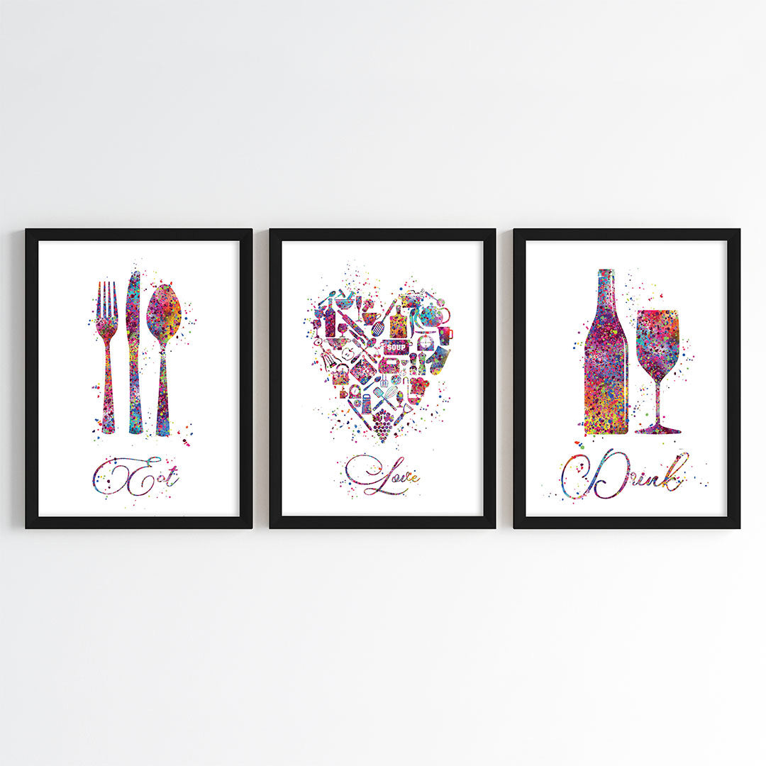 Eat Drink Love Multicolor Wall Art (Framed Set of 3)