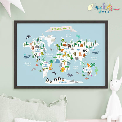 Educational animal world map blue black frame