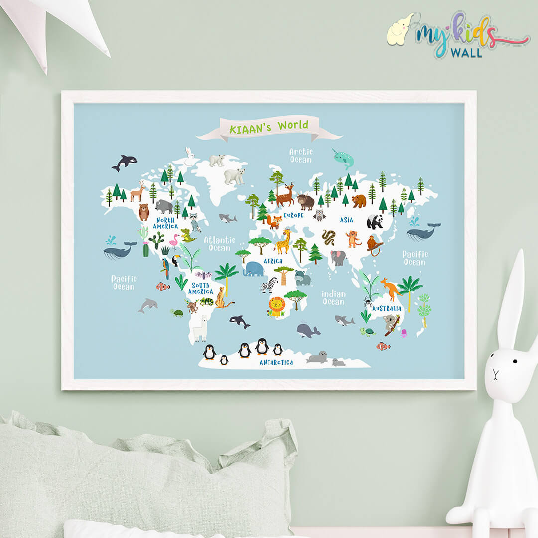 Educational animal world map blue white frame