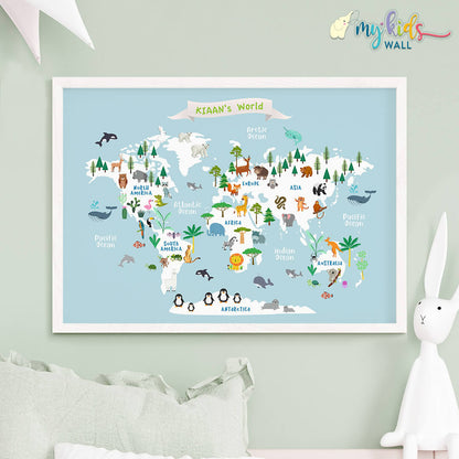 Educational animal world map blue white frame