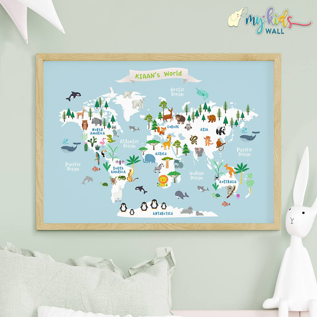 Educational animal world map blue wooden frame