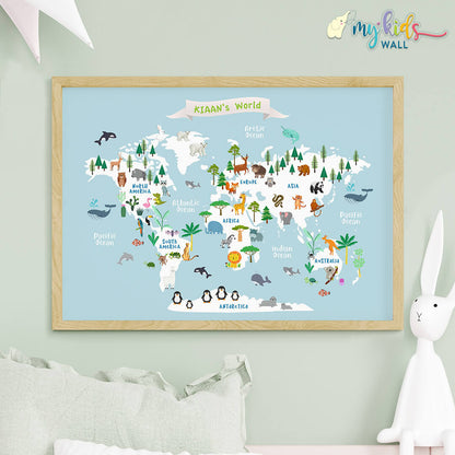 Educational animal world map blue wooden frame