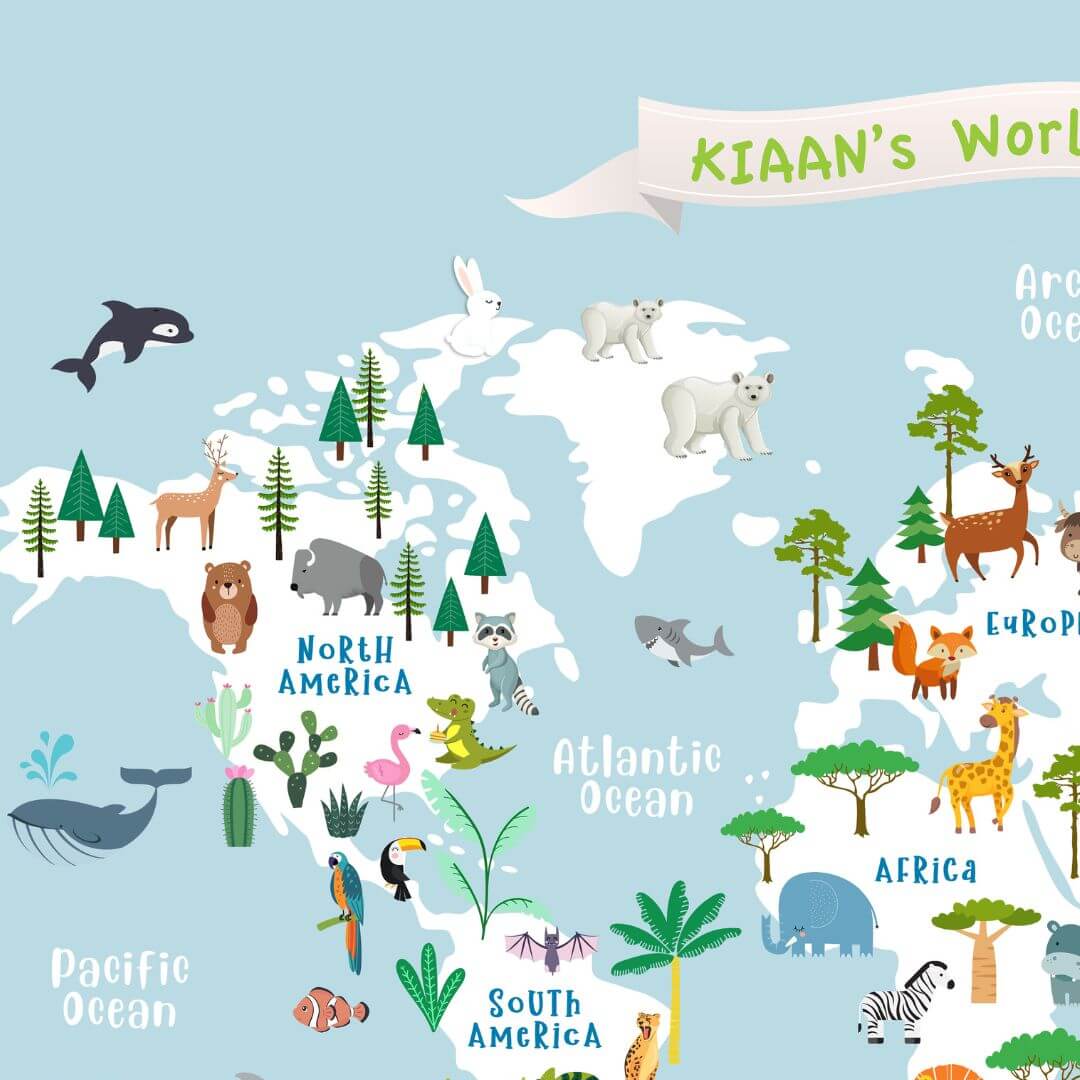 Educational animal world map blue zoom