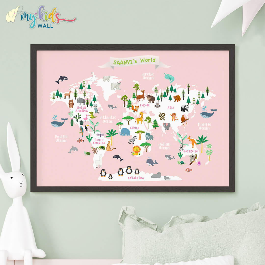 Educational animal world map pink black frame