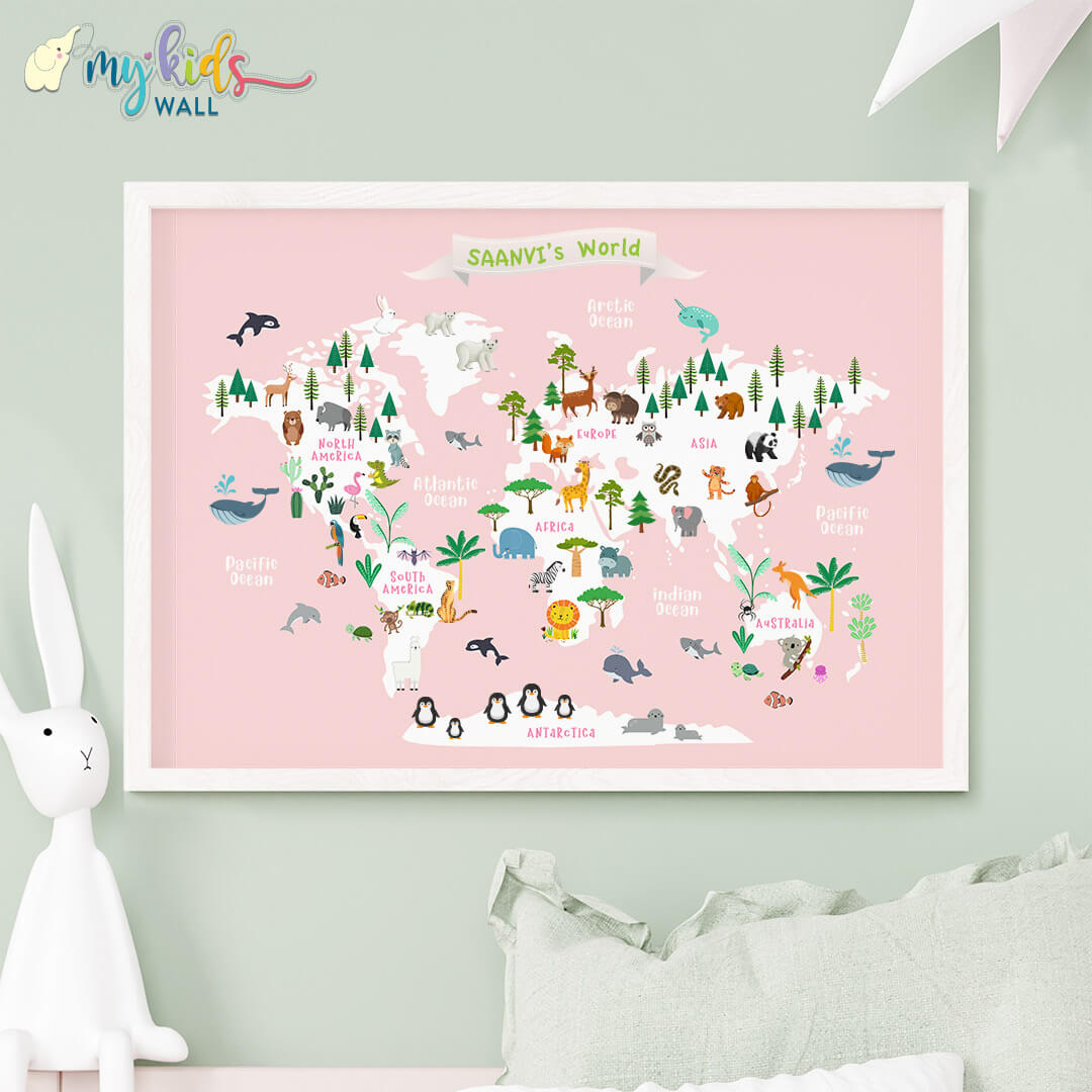 Educational animal world map pink white frame