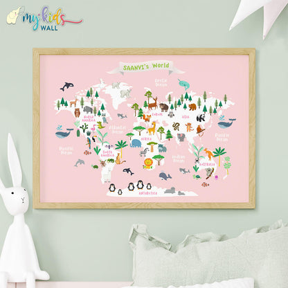 Educational animal world map pink wooden frame