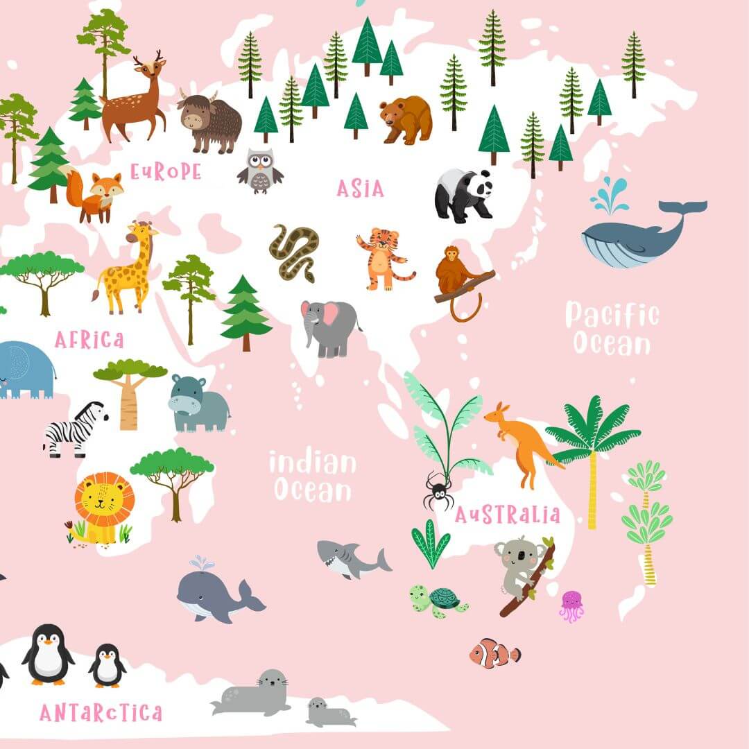 Educational animal world map pink zoom