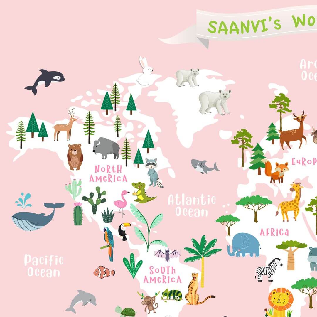 Educational animal world map pink zoom