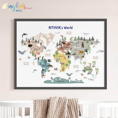 Educational animals world map black frame