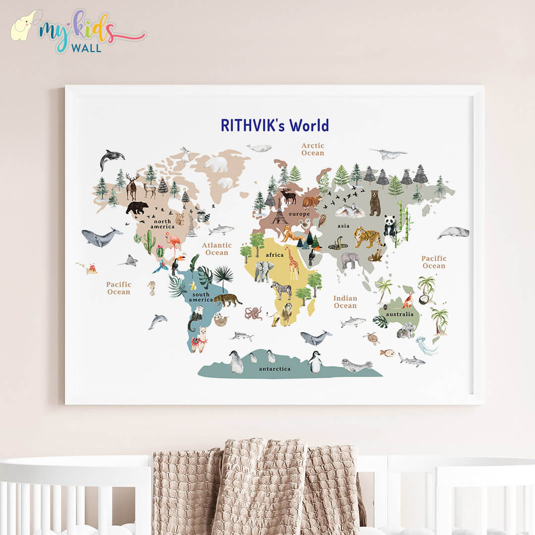 Educational animals world map white frame