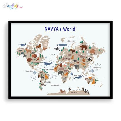 Educational & fun animals world map black frame