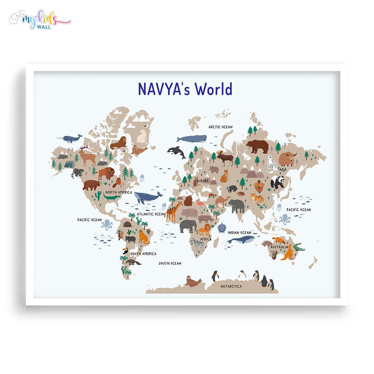 Educational & fun animals world map white frame