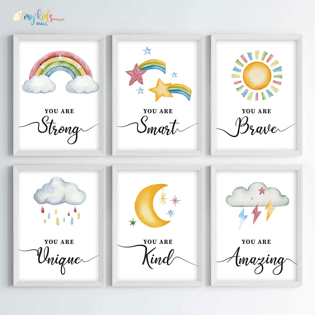 Motivational wall art empower yourself set of 6 white frame