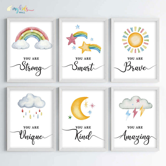 Motivational wall art empower yourself set of 6 white frame