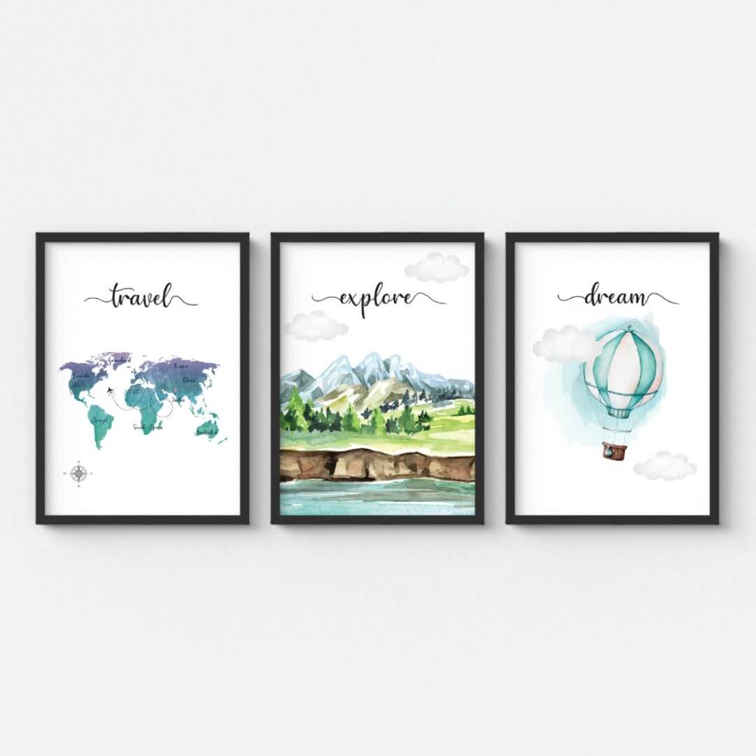 Motivational Travelling wall art set of 3 black frame