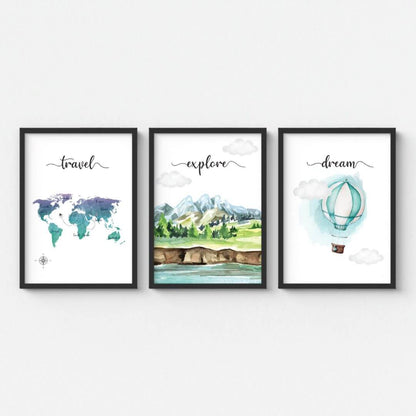 Motivational Travelling wall art set of 3 black frame