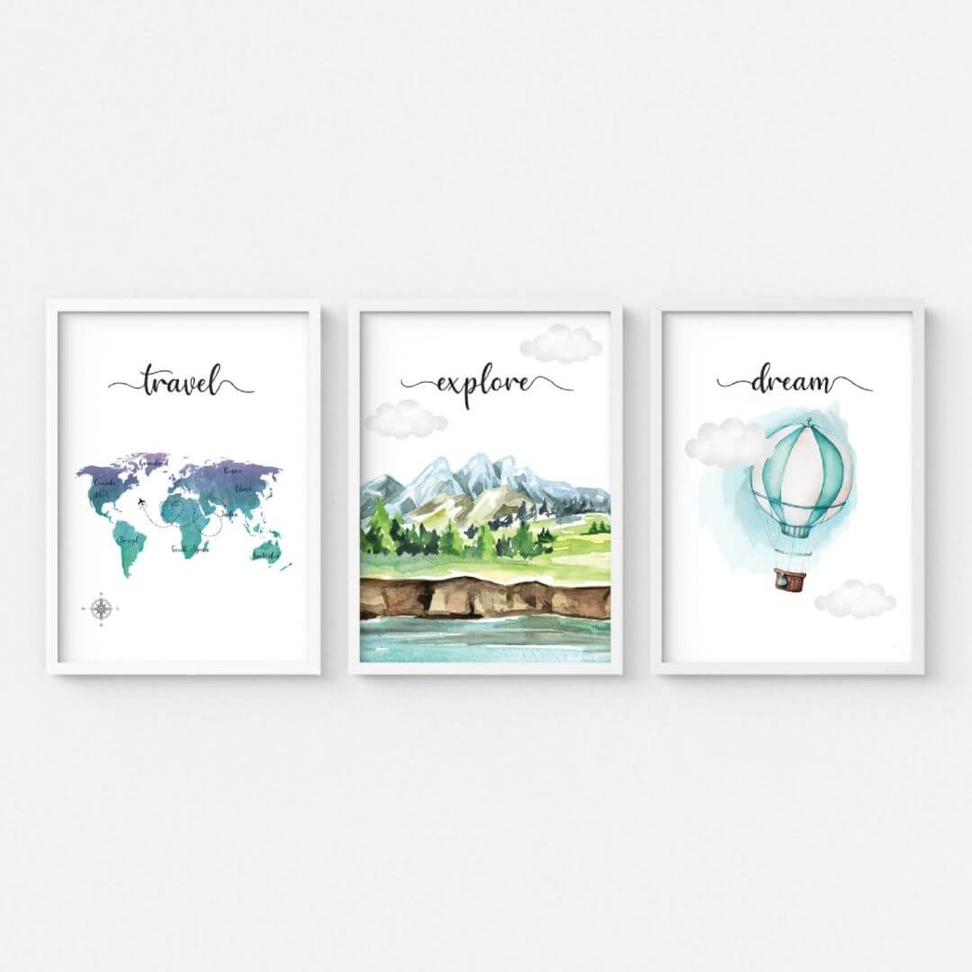 Motivational Travelling wall art set of 3 white frame