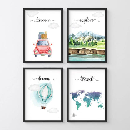 Motivational Travelling wall art set of 4 black frame