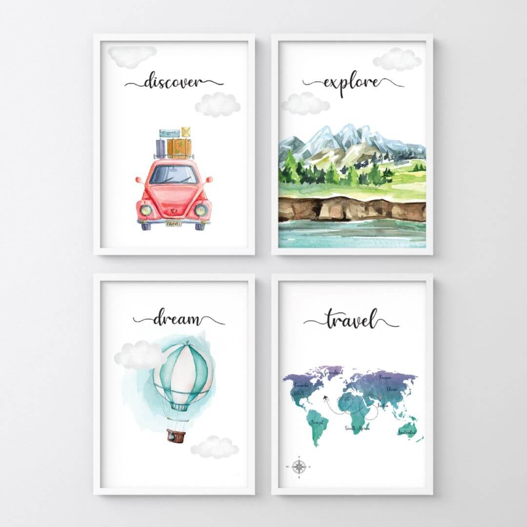 Motivational Travelling wall art set of 4 white frame