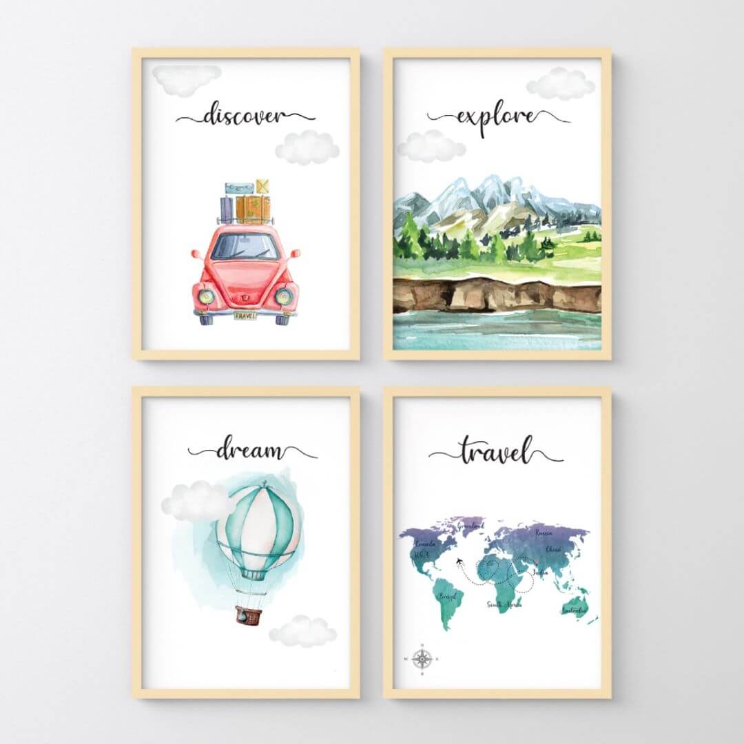 Motivational Travelling wall art set of 4 wooden frame