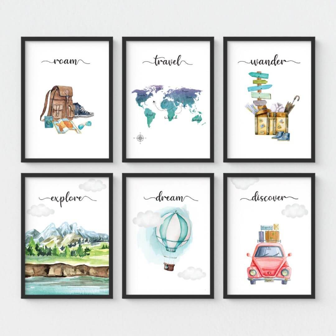 Motivational Travelling wall art set of 6 black frame