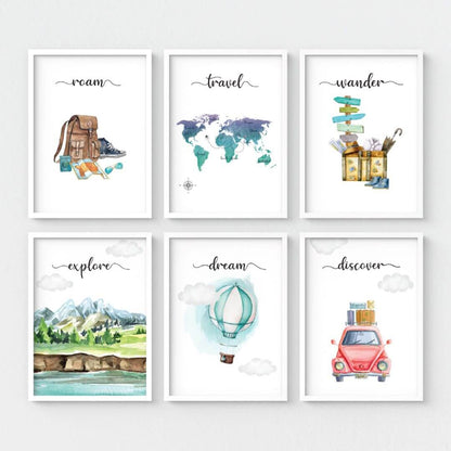 Motivational Travelling wall art set of 6 white frame