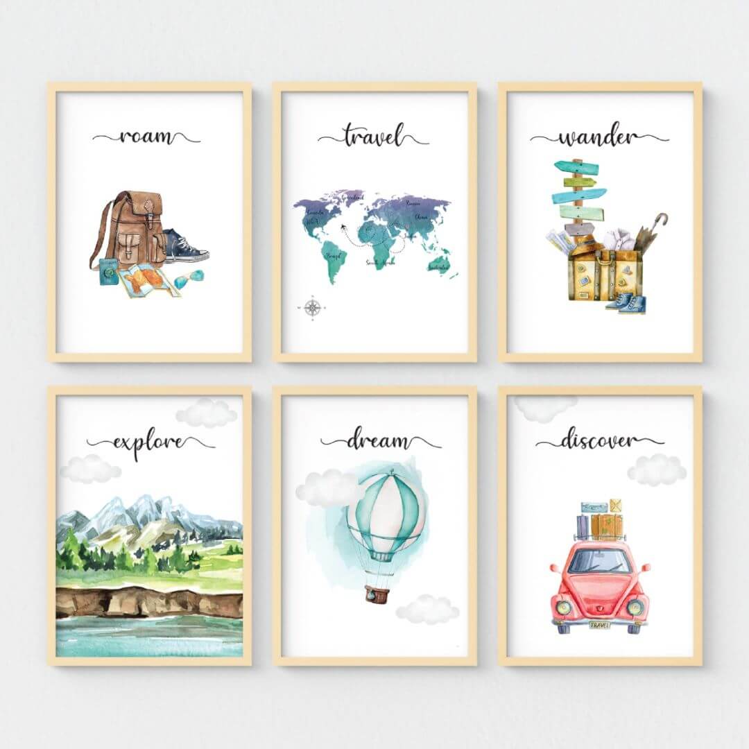 Travel themed store kids bedroom wall art, print set of 6 travel art for children, playroom travel themed decor, inspirational travel art for kids