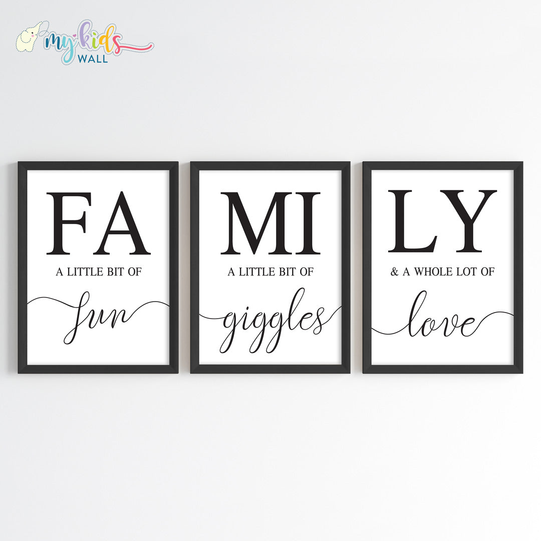 Family Fun, Giggles & Love Wall Art Framed Set of 3 Black