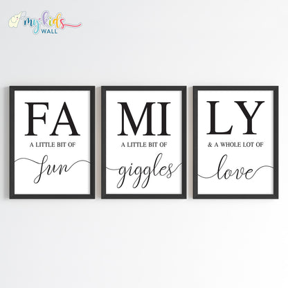 Family Fun, Giggles & Love Wall Art Framed Set of 3 Black