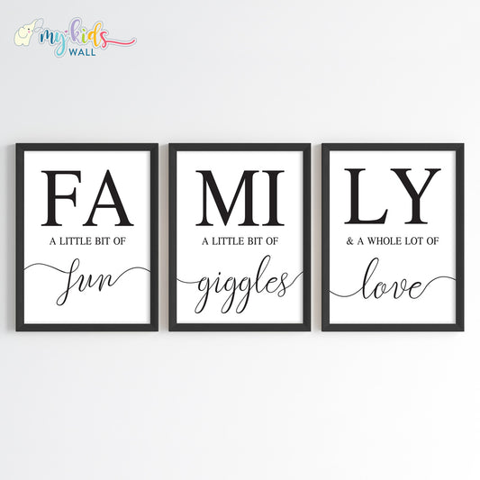 Family Fun, Giggles & Love Wall Art Framed Set of 3 Black