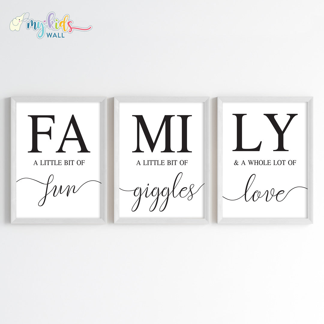 Family Fun, Giggles & Love Wall Art Framed Set of 3 White