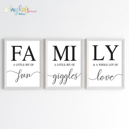 Family Fun, Giggles & Love Wall Art Framed Set of 3 White