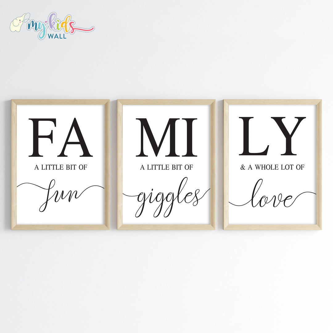 Family Fun, Giggles & Love Wall Art Framed Set of 3 Wooden