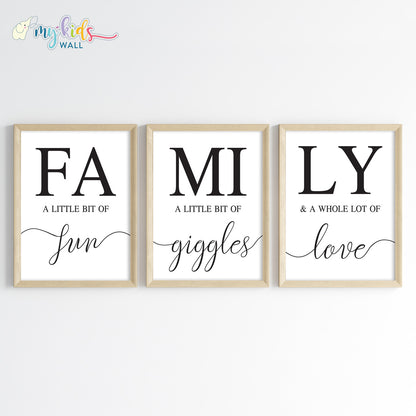 Family Fun, Giggles & Love Wall Art Framed Set of 3 Wooden