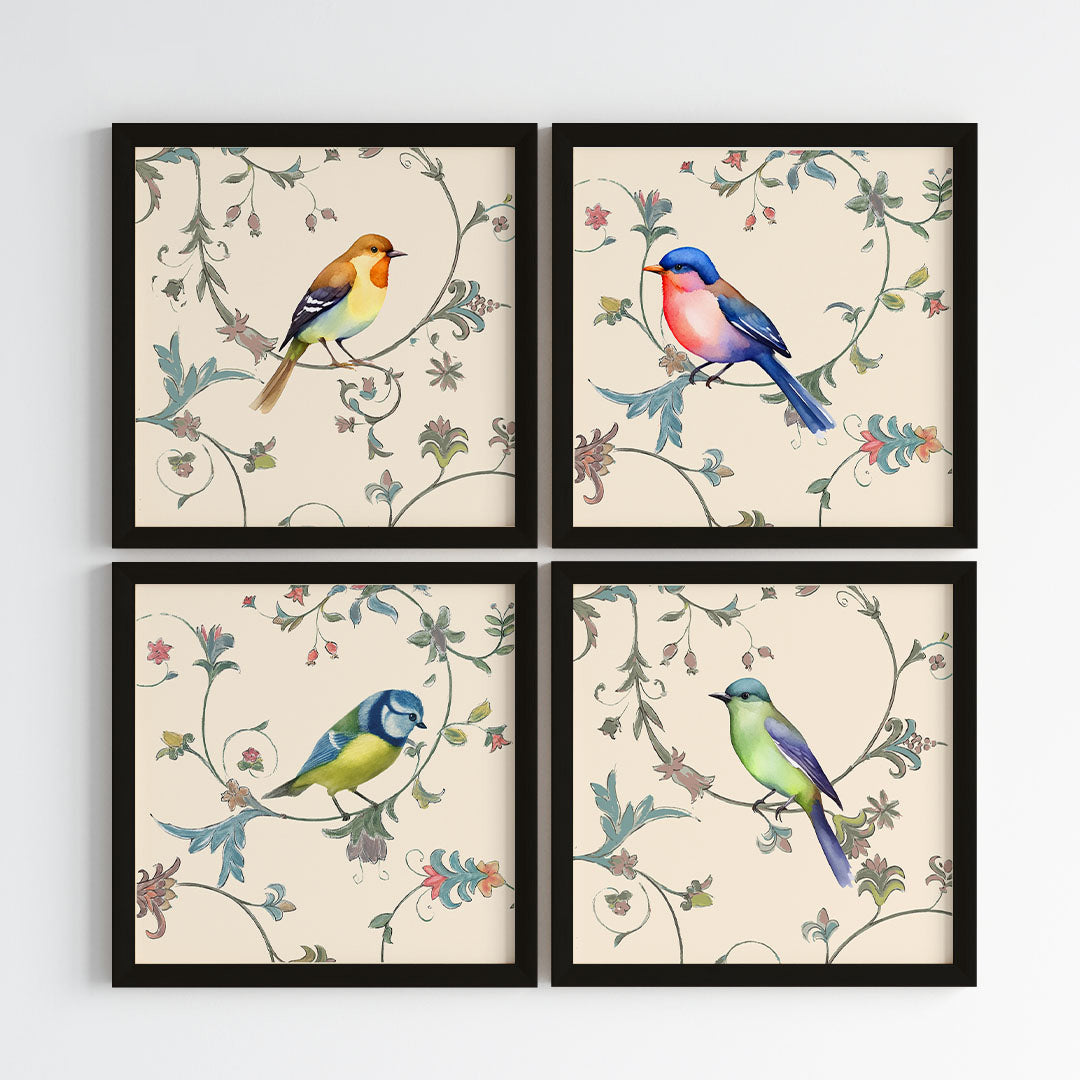 Feathered Harmony Vintage Birds Wall Art (Framed Set of 4)