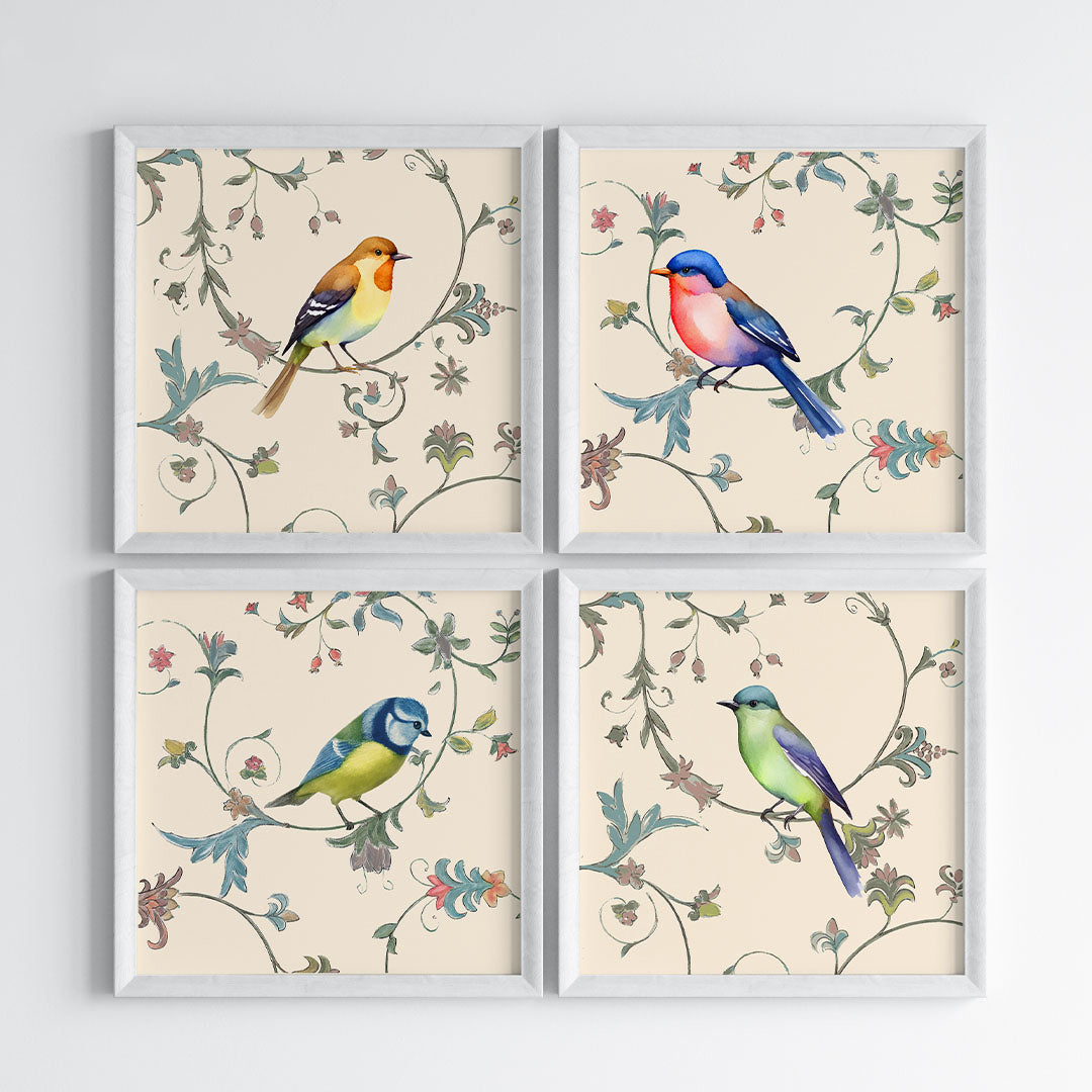 Feathered Harmony Vintage Birds Wall Art (Framed Set of 4)