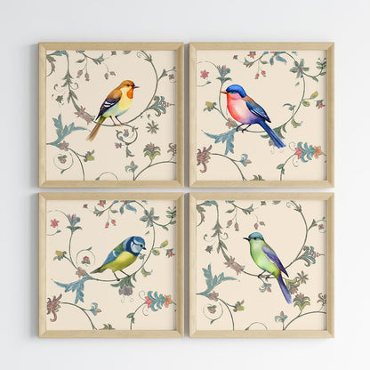Feathered Harmony Vintage Birds Wall Art (Framed Set of 4)
