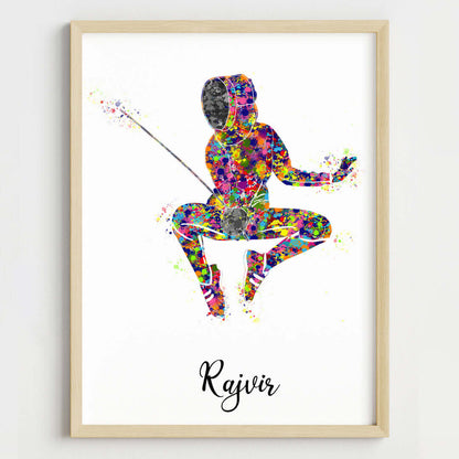 Multicolor Fencer wall art wooden frame