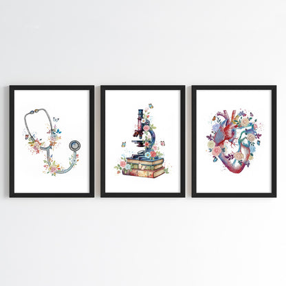 Floral Medical Symbol Watercolor Wall Art Set (Framed)