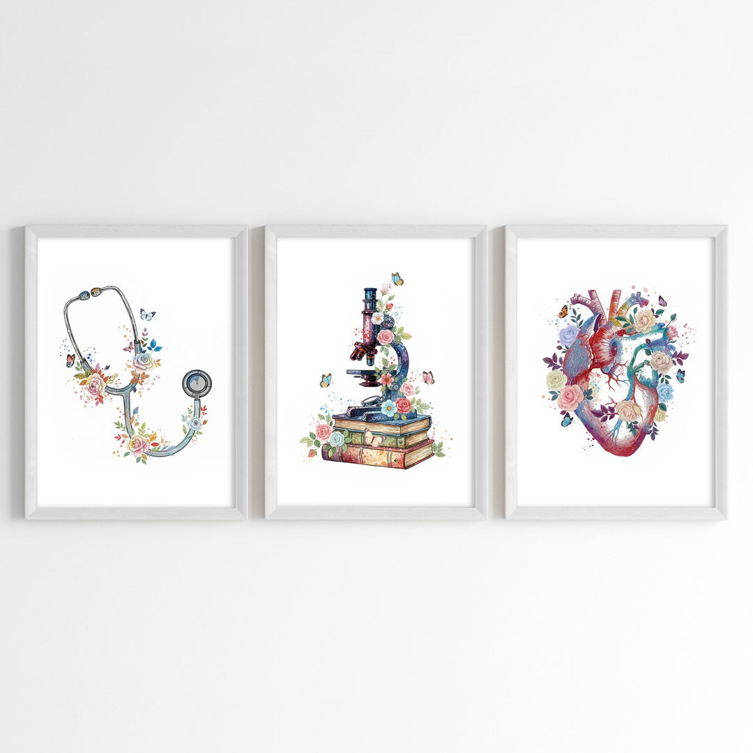 Floral Medical Symbol Watercolor Wall Art Set (Framed)