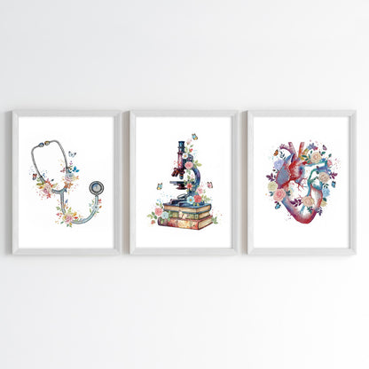 Floral Medical Symbol Watercolor Wall Art Set (Framed)