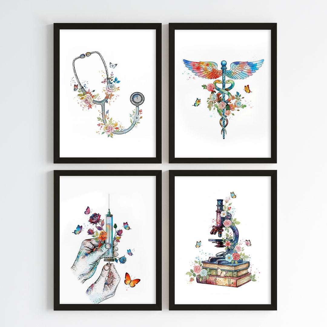 Floral Medical Symbol Watercolor Wall Art Set (Framed)