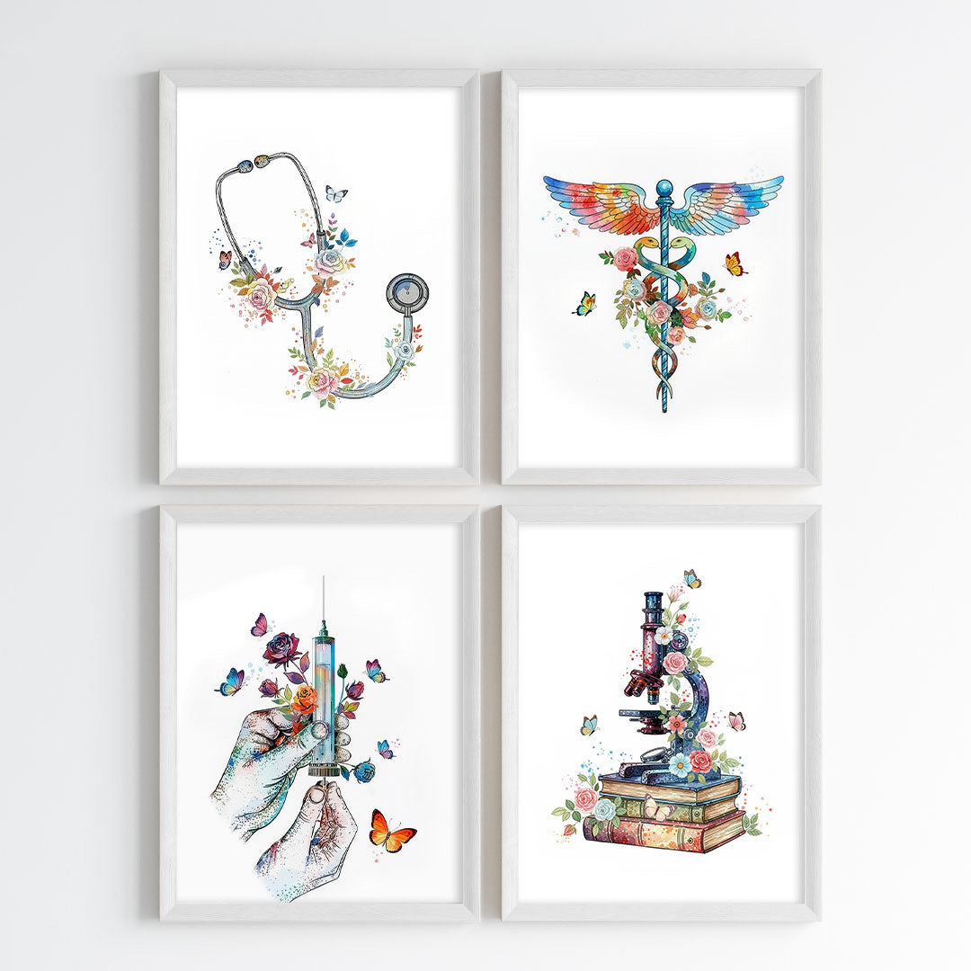 Floral Medical Symbol Watercolor Wall Art Set (Framed)