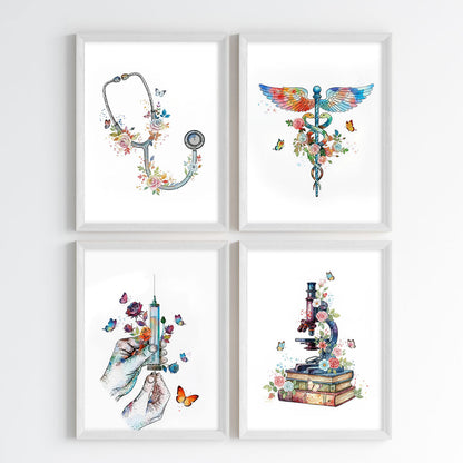 Floral Medical Symbol Watercolor Wall Art Set (Framed)