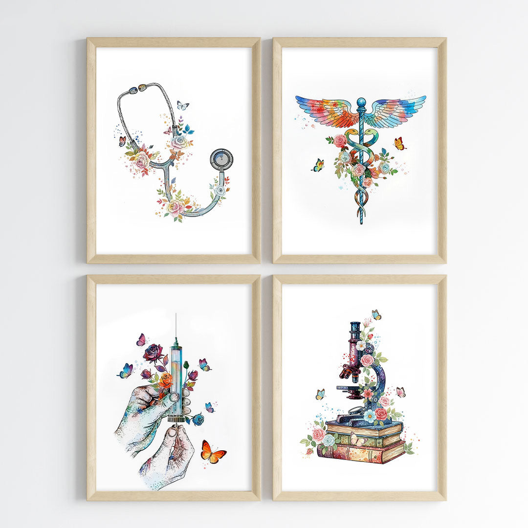 Floral Medical Symbol Watercolor Wall Art Set (Framed)