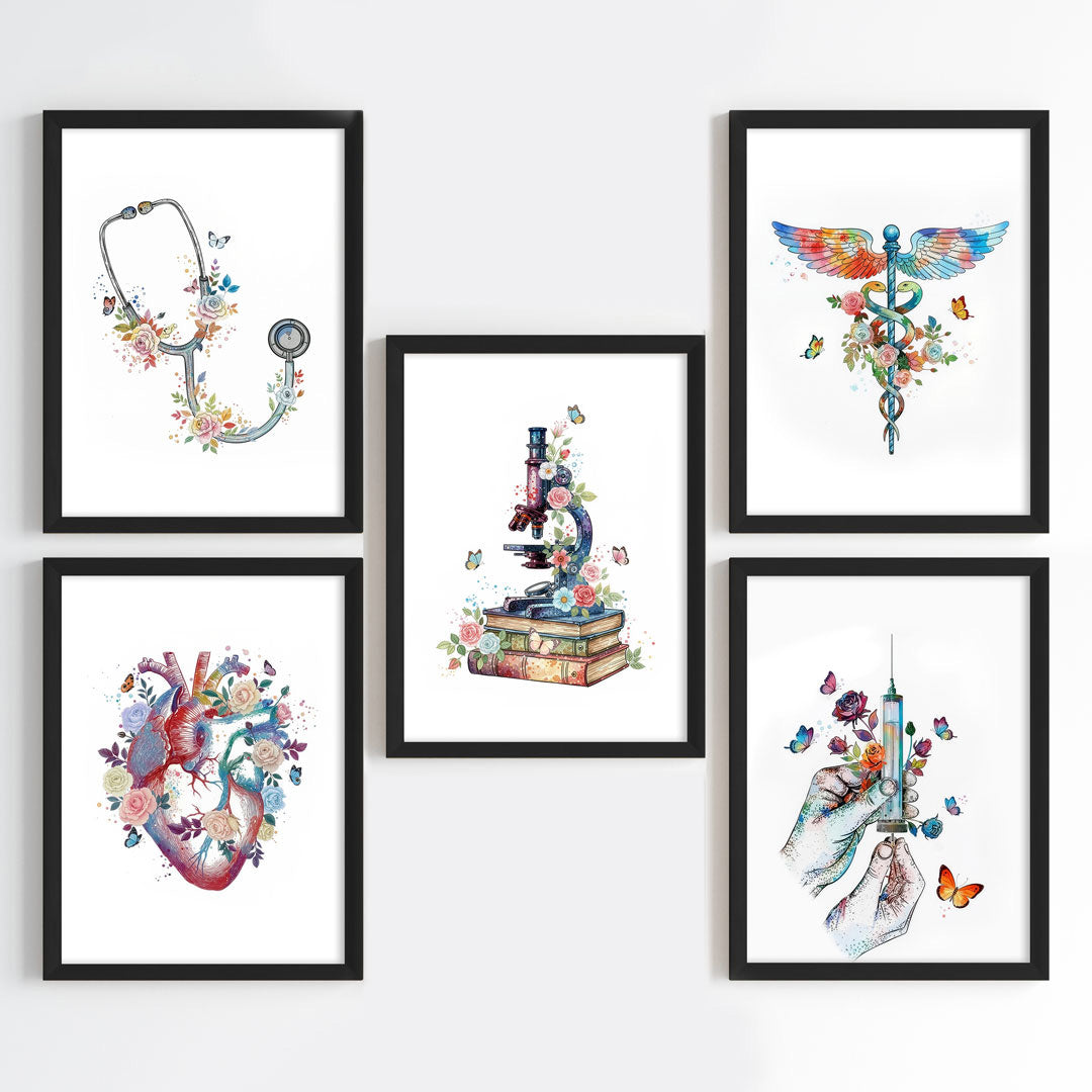Floral Medical Symbol Watercolor Wall Art Set (Framed)