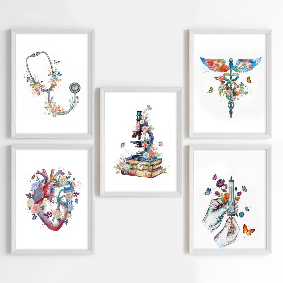 Floral Medical Symbol Watercolor Wall Art Set (Framed)