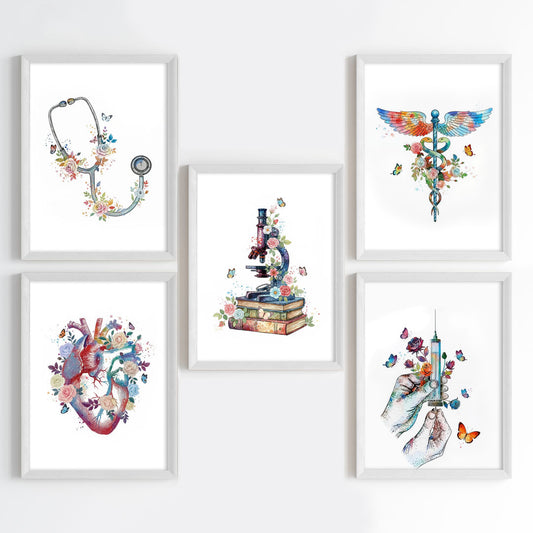 Floral Medical Symbol Watercolor Wall Art Set (Framed)