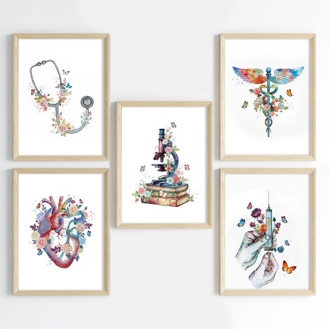 Floral Medical Symbol Watercolor Wall Art Set (Framed)