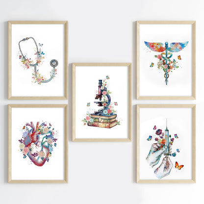 Floral Medical Symbol Watercolor Wall Art Set (Framed)